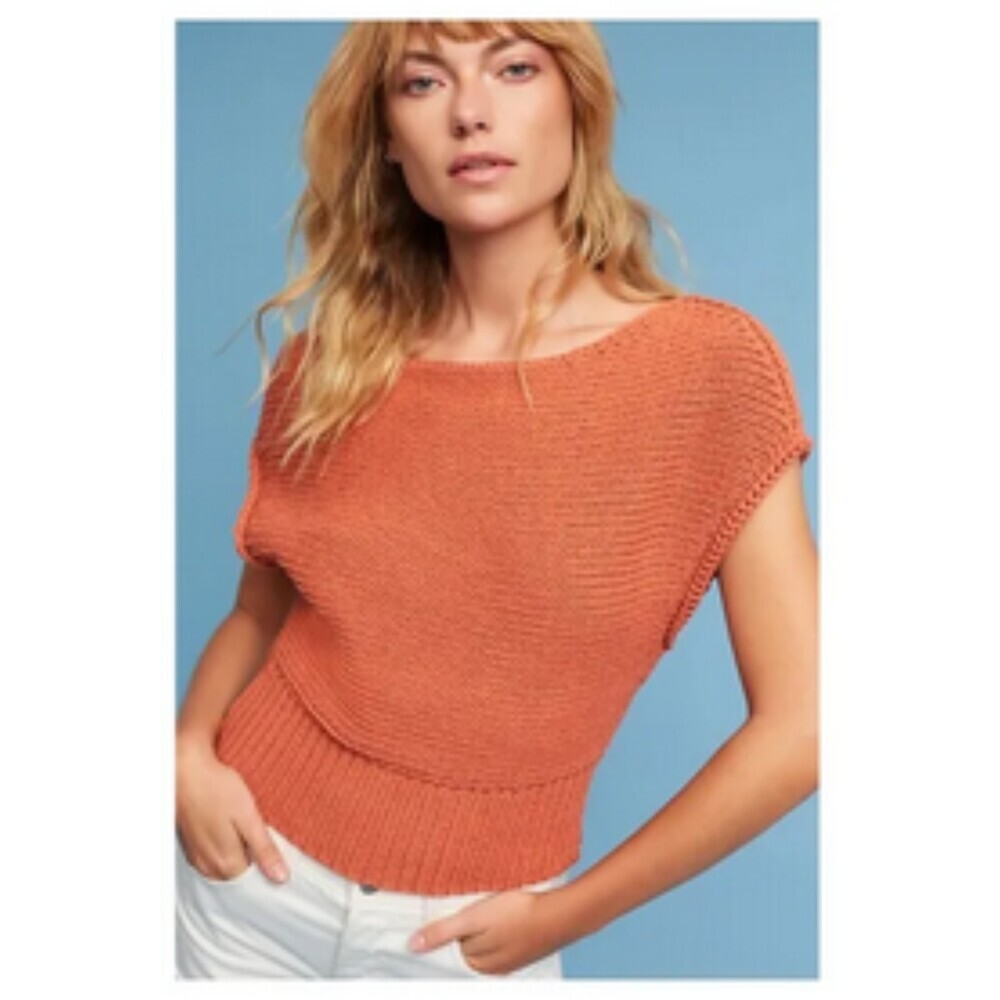 Orange Anthropologie Moth Boatneck Cropped Short Sleeve Knit Sweater (NWT)